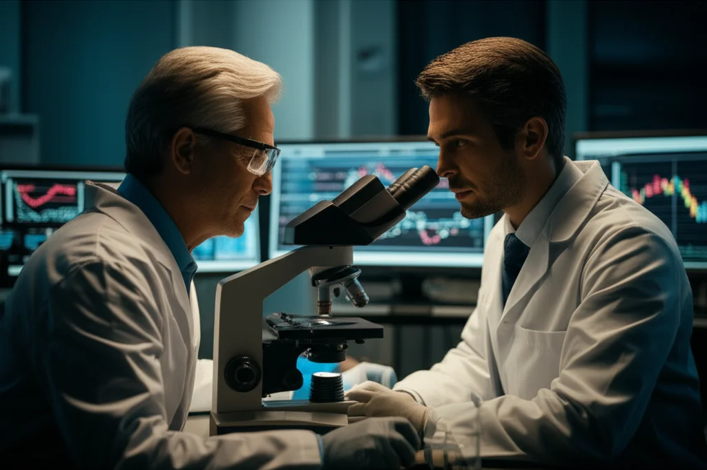 Un ricercatore in laboratorio che osserva campioni al microscopio, con schermi che mostrano dati di sequenziamento genetico e grafici di espressione proteica, obiettivo prime 35mm, stile film noir con illuminazione drammatica, per rappresentare l'analisi multi-omica.