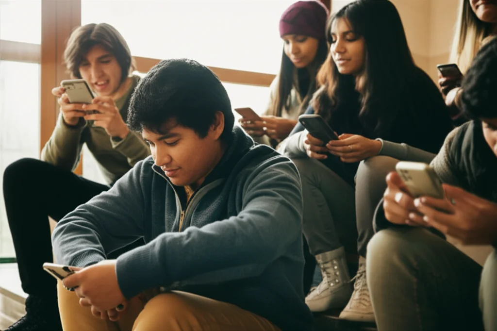 Un gruppo di adolescenti di origine sud asiatica, maschi e femmine, seduti su delle gradinate di una scuola nel Regno Unito durante una pausa, alcuni chattano al telefono, altri parlano tra loro. Prime lens, 35mm, depth of field, luce naturale filtrata, colori tenui e realistici.