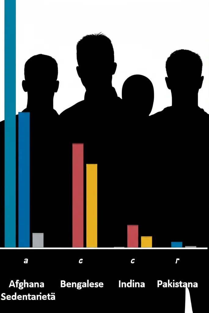Un'infografica stilizzata che mostra le silhouette di quattro giovani di diverse etnie sud asiatiche (afghana, bengalese, indiana, pakistana) con accanto delle barre che indicano il loro tempo medio di sedentarietà giornaliero. Macro lens, 60mm, high detail, precise focusing, controlled lighting con colori vivaci e contrastanti per le barre.