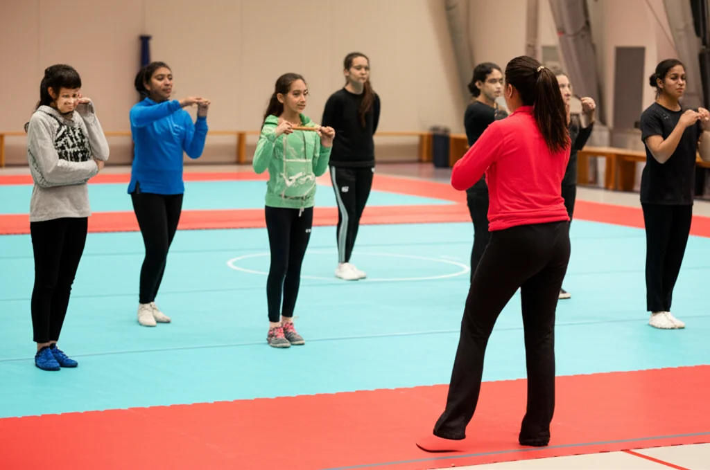 Una scena in una palestra scolastica o comunitaria nel Regno Unito, con giovani ragazze di origine sud asiatica che partecipano a un'attività fisica per sole donne, guidate da un'istruttrice. Telephoto zoom, 100mm, fast shutter speed, action tracking, illuminazione interna brillante.