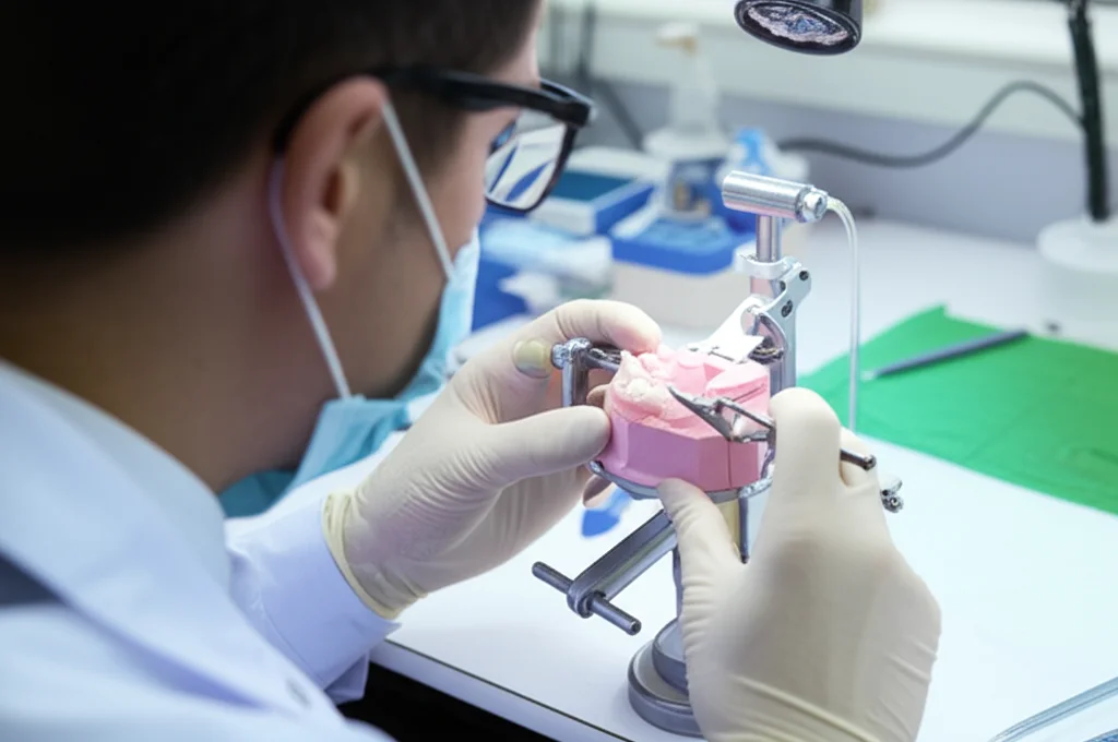 Un tecnico di laboratorio odontotecnico esperto che lavora meticolosamente su un modello dentale in gesso montato su un articolatore, utilizzando strumenti manuali per la chirurgia del modello. Luce da banco focalizzata sul lavoro, ambiente di laboratorio pulito. Obiettivo prime, 35mm, profondità di campo ridotta per enfatizzare le mani e il modello.