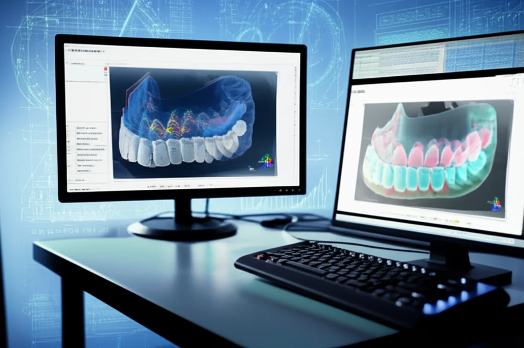 Sovrapposizione digitale di due modelli mascellari 3D su uno schermo, uno rappresentante il piano virtuale (VMS) e l'altro il risultato di un wafer (CW o 3DW), con punti di misurazione evidenziati. Grafici di discrepanza sullo sfondo. Ambiente high-tech. Obiettivo macro, 100mm, alta definizione per i dettagli dei modelli.