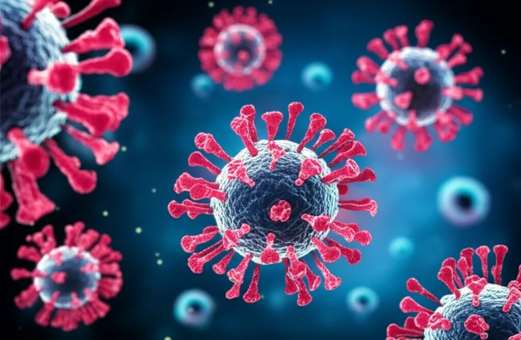 Visualizzazione al microscopio di piastrine aggregate e anticorpi, con un vettore adenovirale stilizzato sullo sfondo. Immagine ad alto dettaglio, messa a fuoco precisa, illuminazione controllata, obiettivo macro 60mm, per illustrare il meccanismo della VITT.