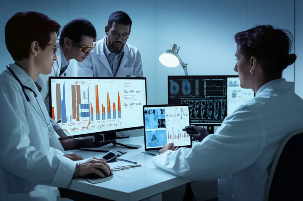 Team di scienziati e medici in un moderno laboratorio che analizzano dati su schermi multipli, confrontando grafici e immagini mediche. Atmosfera di collaborazione e ricerca, luce controllata, obiettivo prime 35mm, con lievi toni duotone blu e grigio per un look professionale.