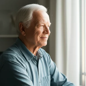 A 35mm portrait of an elderly patient with a gentle smile, looking towards a bright window, symbolizing hope and new treatment possibilities for DLBCL. Soft natural light, shallow depth of field.