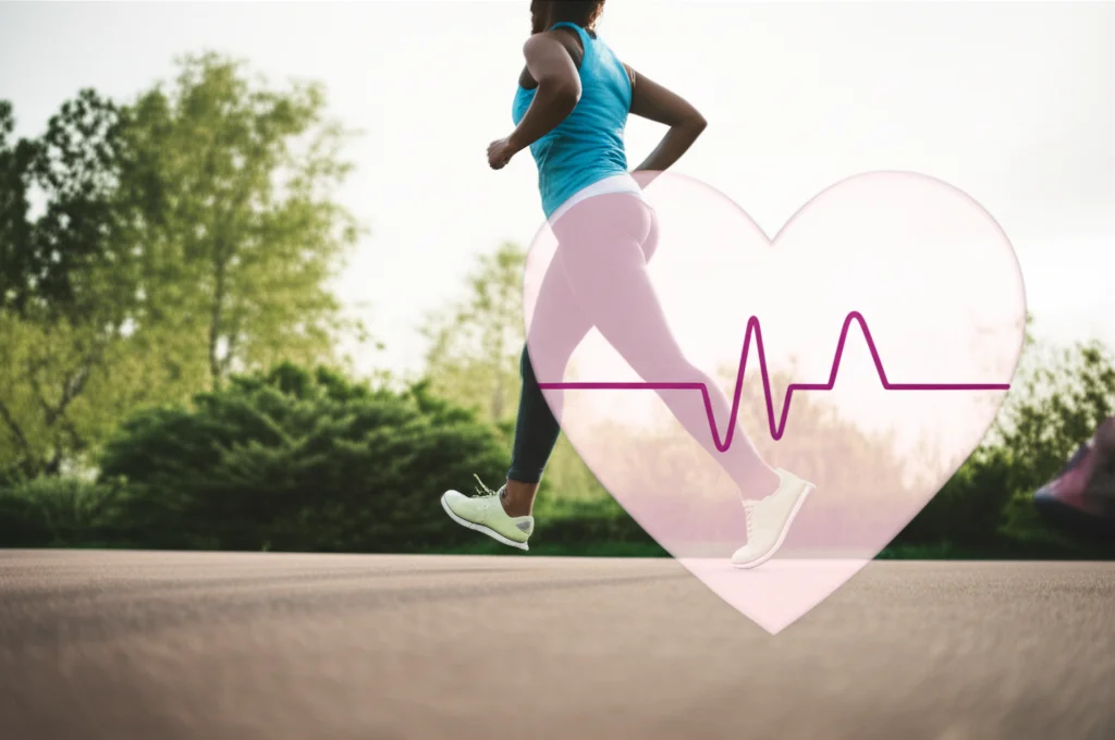 A photorealistic image depicting the intersection of exercise and heart health, showing a stylized heart graphic alongside a person engaged in moderate exercise, 35mm portrait lens, depth of field.