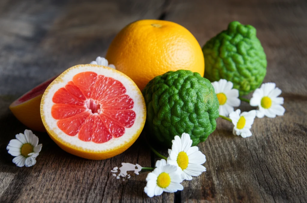 Composizione still life con boccette di oli essenziali di bergamotto e pompelmo, agrumi freschi affettati (pompelmo rosa e bergamotto verde) e fiori delicati bianchi su sfondo di legno chiaro rustico. Luce naturale morbida laterale. Macro lens 60mm, high detail, precise focusing, controlled lighting.