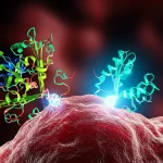 Concetto artistico di una molecola di PSMA-617 legata all'Attinio-225 che si aggancia a una cellula tumorale della prostata. Visualizzazione 3D ad alta risoluzione, illuminazione drammatica per evidenziare l'interazione molecolare, obiettivo macro 105mm.