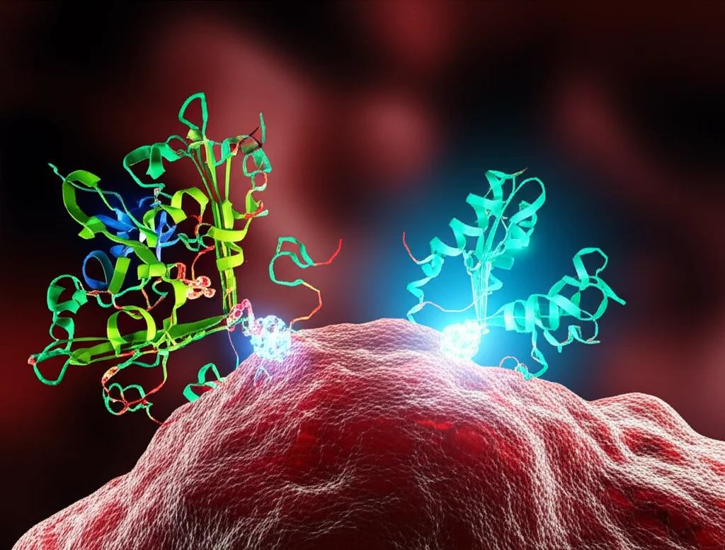 Concetto artistico di una molecola di PSMA-617 legata all'Attinio-225 che si aggancia a una cellula tumorale della prostata. Visualizzazione 3D ad alta risoluzione, illuminazione drammatica per evidenziare l'interazione molecolare, obiettivo macro 105mm.