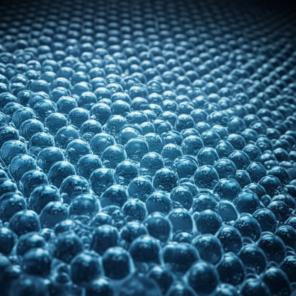 High detail molecular dynamics simulation showing water molecules interacting with a nanostructured surface, illustrating ice nucleation. Precise focusing, controlled lighting.