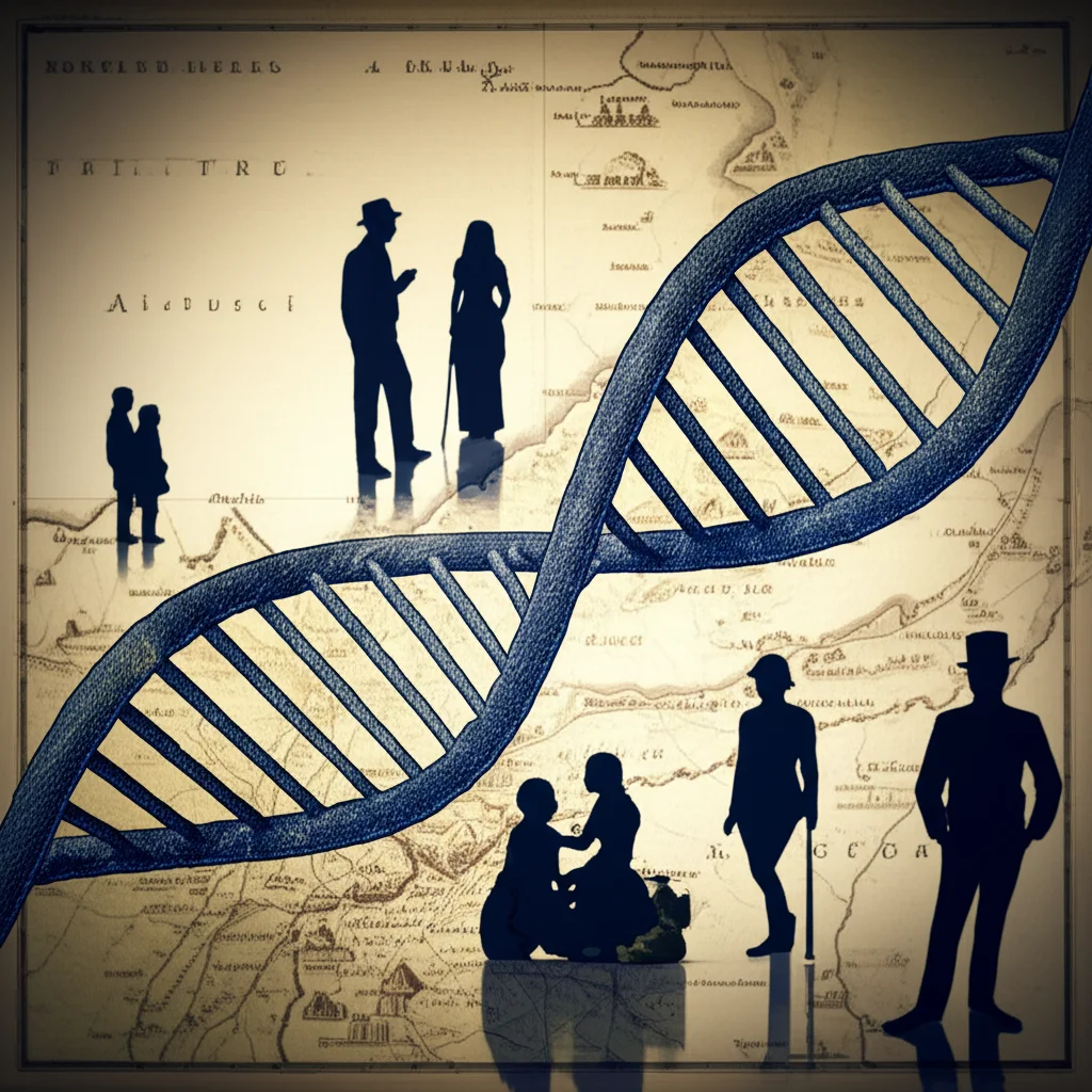 Illustrazione concettuale di un filamento di DNA a doppia elica che si intreccia con una mappa antica dei Paesi Bassi. Sullo sfondo, silhouette stilizzate di figure umane rappresentanti diverse epoche, dall'Alto Medioevo all'età moderna. Obiettivo 35mm, colori duotone seppia e blu scuro, effetto profondità di campo che sfoca leggermente lo sfondo.