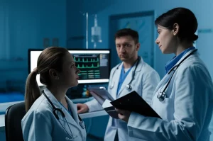 Immagine fotorealistica di un team medico (medico e infermiere) in un pronto soccorso moderno che discute urgentemente davanti a un monitor che mostra segni vitali e dati di triage ESI, MTS, NTS stilizzati, obiettivo 50mm, profondità di campo, luce drammatica ma professionale che illumina i volti concentrati, stile film noir leggero.