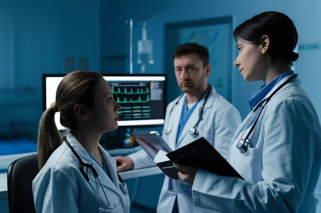 Immagine fotorealistica di un team medico (medico e infermiere) in un pronto soccorso moderno che discute urgentemente davanti a un monitor che mostra segni vitali e dati di triage ESI, MTS, NTS stilizzati, obiettivo 50mm, profondità di campo, luce drammatica ma professionale che illumina i volti concentrati, stile film noir leggero.