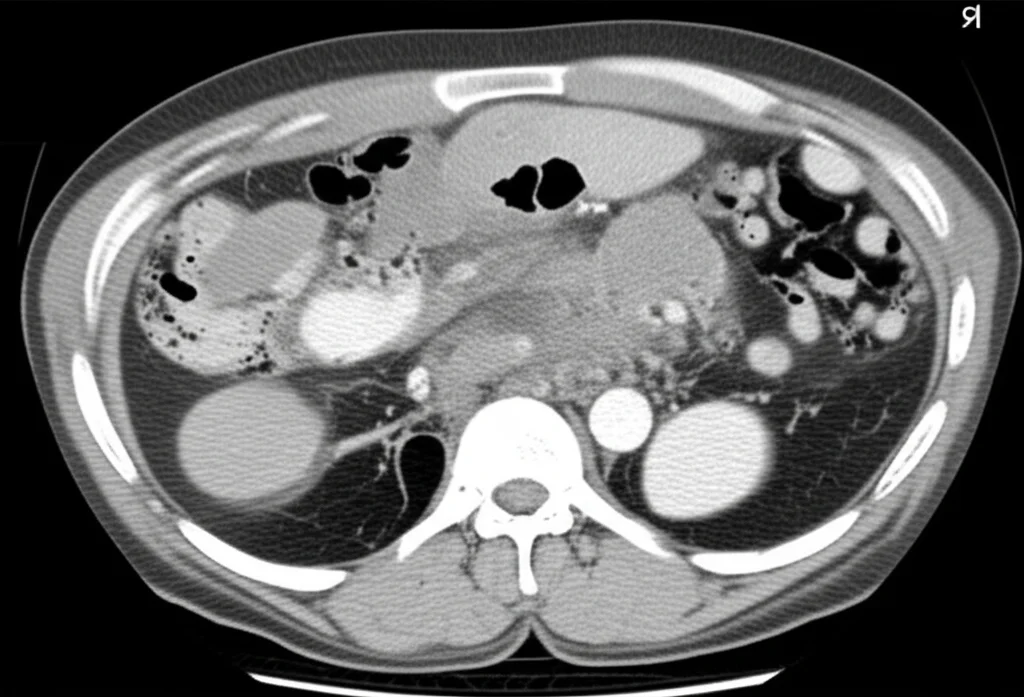 Immagine fotorealistica di una scansione TC addominale che mostra un sarcoma retroperitoneale, con un'enfasi sull'eterogeneità intratumorale. Dettagli: obiettivo macro 100mm, alta definizione, illuminazione controllata per evidenziare le texture interne del tumore, possibile visualizzazione di aree a diversa densità che suggeriscono eterogeneità.