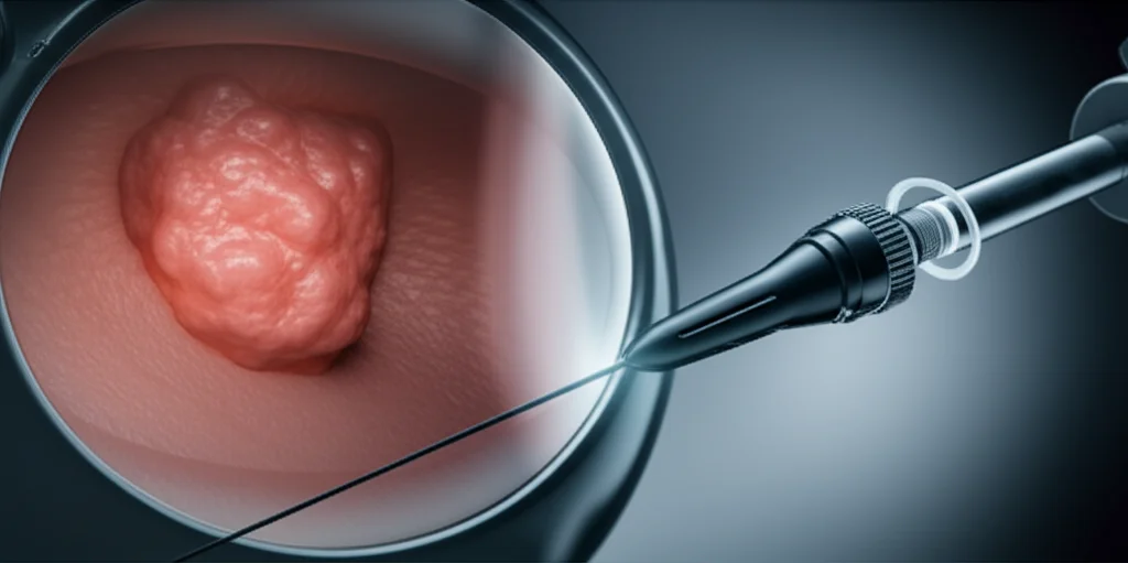 Immagine medica concettuale: una visione interna stilizzata della giunzione esofago-gastrica, con un tumore GIST evidenziato. Sulla sinistra, un endoscopio si avvicina per la resezione; sulla destra, strumenti laparoscopici. Illuminazione drammatica, depth of field, 35mm prime lens, per enfatizzare la precisione delle due tecniche a confronto, duotone blu e grigio.