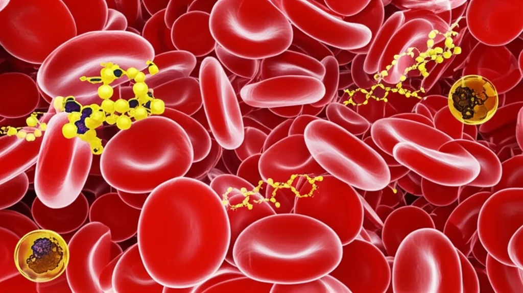 Macro lens, 100mm, un primo piano altamente dettagliato di eritrociti di pecora (globuli rossi ovini). Alcune cellule sono perfettamente rotonde e di un rosso vibrante, indicando salute. Intercalate ci sono alcune cellule che mostrano sottili segni di stress ossidativo – forme leggermente irregolari o colore più pallido. Sullo sfondo, sottilmente sfocate, ci sono rappresentazioni astratte di catene molecolari di omega-3 e omega-6. Illuminazione controllata, messa a fuoco precisa, creando un'immagine scientifica ma visivamente accattivante.