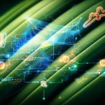 Macro photograph of a plant leaf with abstract representations of cellular processes like photosynthesis and translation occurring simultaneously, 60mm lens, high detail, controlled lighting.