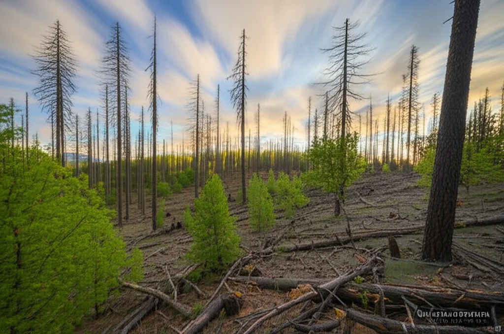 Panoramica di una foresta mista di Pinus sylvestris e nuove specie di latifoglie (querce, aceri) in Catalogna, segno di transizione ecologica post-siccità. Alcuni pini morti, secchi e grigi, ancora in piedi contrastano con il verde delle latifoglie e dei pini sopravvissuti. Il terreno è parzialmente coperto da vegetazione bassa e legno morto. Obiettivo grandangolare 18mm, lunga esposizione per nuvole morbide nel cielo azzurro, messa a fuoco nitida sull'intero paesaggio forestale, luce dorata del tardo pomeriggio che illumina la scena.