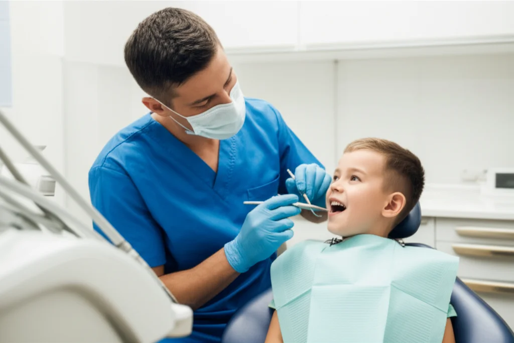 Portrait photography, 35mm lens, depth of field, che cattura un dentista pediatrico mentre spiega con dolcezza una procedura dentale a un giovane bambino attento, in una clinica dentistica moderna e luminosa, enfatizzando la cura e la tecnologia avanzata.