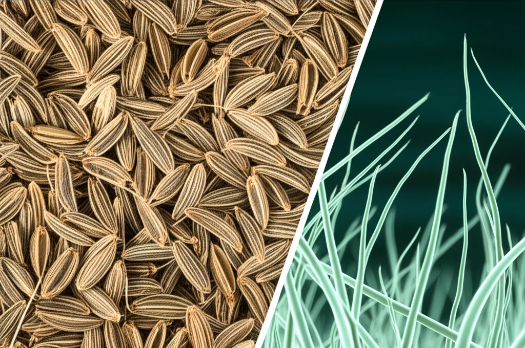 Primo piano di semi di anice (Pimpinella anisum) con dettagli vividi, accanto a una rappresentazione stilizzata di ife fungine micorriziche. Illuminazione da studio che crea un'atmosfera scientifica ma naturale. Obiettivo macro 90mm, alta definizione.