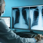 Radiologo esperto che esamina attentamente una radiografia toracica digitale su uno schermo medicale ad alta risoluzione in una sala di lettura poco illuminata. Sovrapposizioni grafiche sottili generate dall'AI evidenziano potenziali anomalie sull'immagine. Obiettivo prime, 35mm, profondità di campo ridotta per focalizzare sul radiologo e lo schermo, illuminazione controllata che crea un'atmosfera concentrata, stile cinematografico realistico.