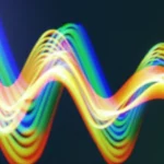 Rappresentazione artistica di onde sonore che si trasformano in uno spettrogramma colorato e leggermente sfocato, simboleggiando l'operatore di blurring tempo-frequenza, macro lens, 100mm, high detail, precise focusing, controlled lighting.