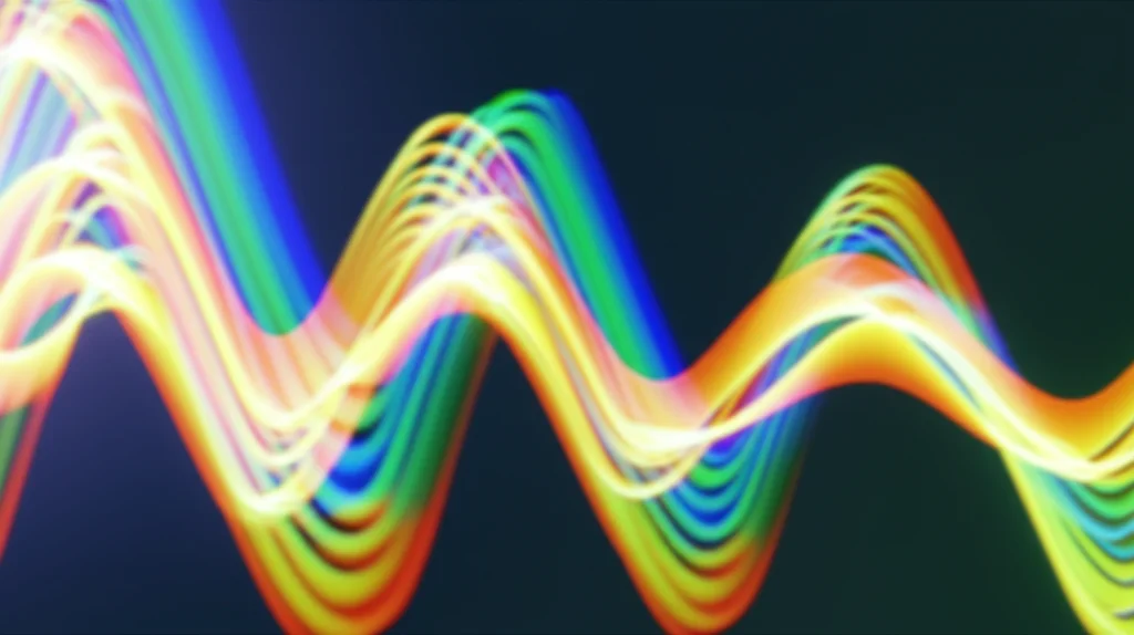 Rappresentazione artistica di onde sonore che si trasformano in uno spettrogramma colorato e leggermente sfocato, simboleggiando l'operatore di blurring tempo-frequenza, macro lens, 100mm, high detail, precise focusing, controlled lighting.