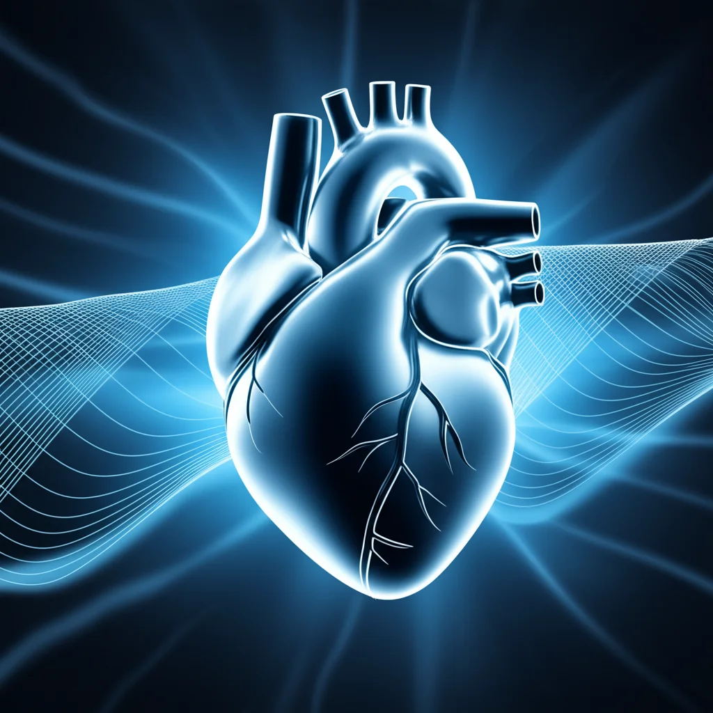 Un'immagine concettuale di un cuore umano stilizzato che mostra resilienza, con onde di energia che lo circondano, simboleggiando la sua capacità di resistere allo stress. Prime lens, 35mm, con un leggero effetto 'depth of field' per mettere a fuoco il cuore, e una palette di colori duotone blu e argento per un look moderno e scientifico.