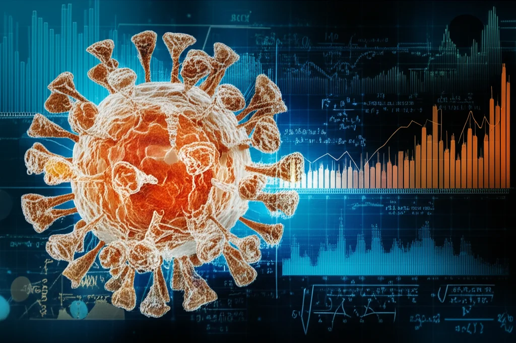 Visualizzazione artistica del virus H5N1 con la sua struttura proteica dettagliata, sovrapposta a una rete complessa di equazioni matematiche e grafici di simulazione epidemica. Macro lens, 100mm, high detail, precise focusing, controlled lighting con toni blu e arancioni per un effetto drammatico e scientifico.