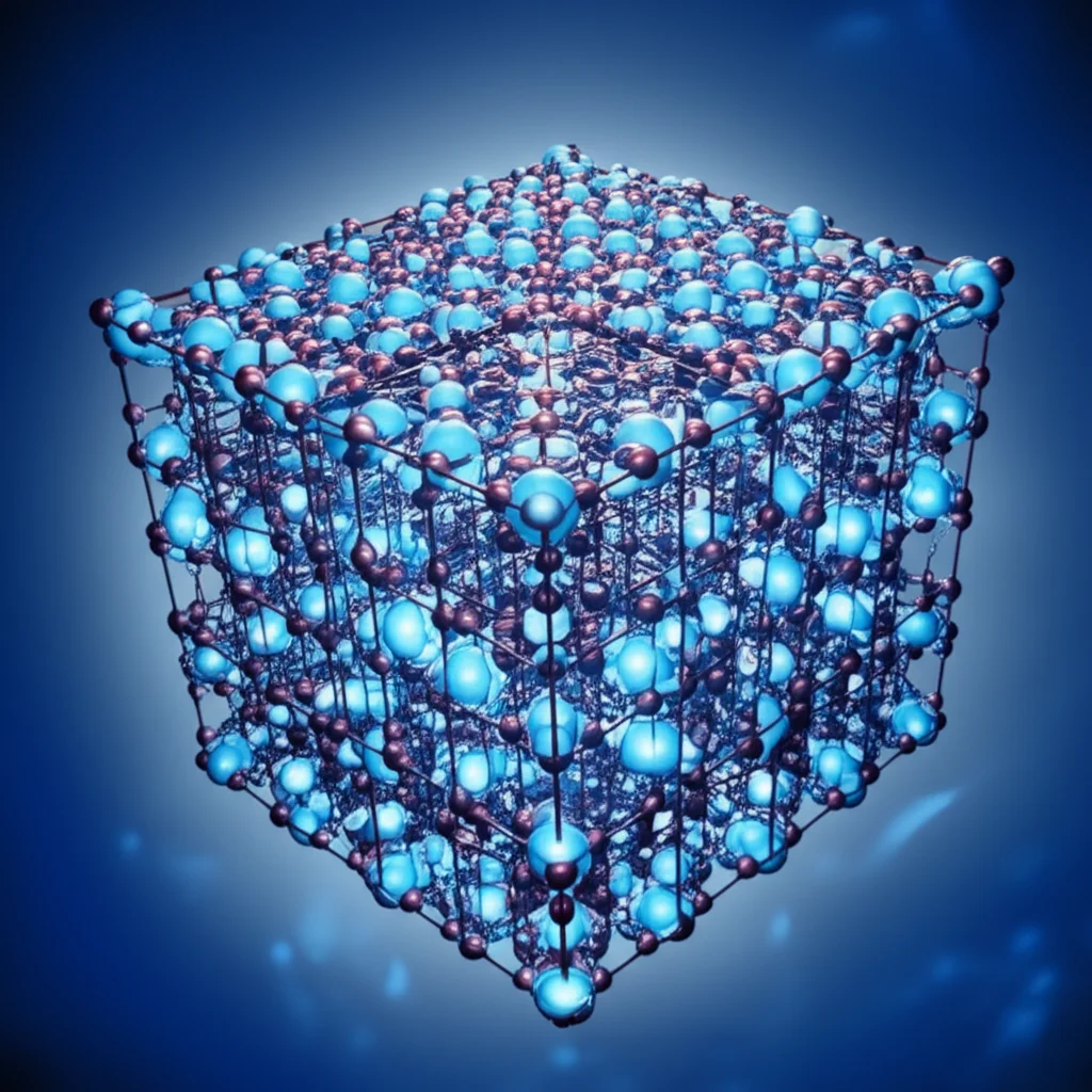 Visualizzazione astratta dell'effetto magnetocalorico in una struttura cristallina esagonale di manganite, con particelle che si ordinano sotto l'influenza di un campo magnetico, generando un effetto di raffreddamento visibile come un'aura blu fredda. Obiettivo 35mm, duotone blu e argento, profondità di campo per mettere a fuoco la struttura centrale.
