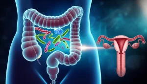 Visualizzazione concettuale dell'asse intestino-cervice. A sinistra, un'immagine stilizzata dell'intestino umano con batteri colorati che rappresentano il microbiota. A destra, una rappresentazione della cervice uterina con cellule. Una linea luminosa collega i due organi, simboleggiando la comunicazione e l'influenza causale. Sfondo astratto con elementi scientifici sfocati. Illuminazione drammatica.