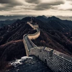 Wide-angle landscape photo, 10mm lens, sharp focus, showing a vast, winding section of the Great Wall stretching across mountains, with a small drone visible in the foreground, suggesting aerial monitoring, dramatic lighting.