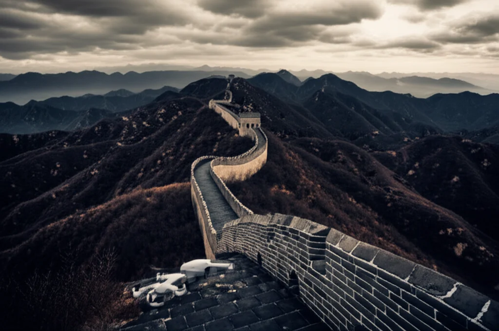 Wide-angle landscape photo, 10mm lens, sharp focus, showing a vast, winding section of the Great Wall stretching across mountains, with a small drone visible in the foreground, suggesting aerial monitoring, dramatic lighting.