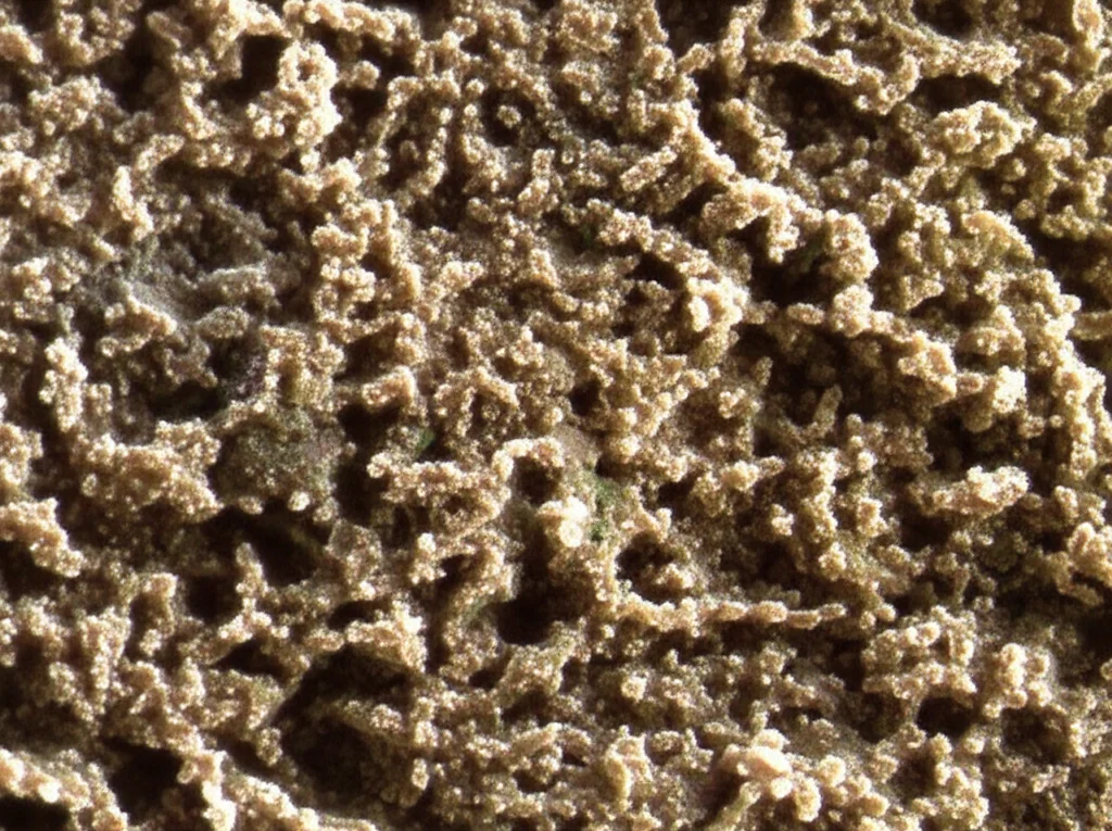 Fotografia macro ad altissimo dettaglio di un singolo granello di sabbia silicea. La superficie del granello è illuminata in modo da rivelare micro-crepe e depressioni colonizzate da sottili strati di microrganismi. Si percepisce una zona leggermente più scura su una parte del granello, a simboleggiare un microambiente anossico. Obiettivo macro 105mm, illuminazione controllata e precisa per esaltare la tridimensionalità e la complessità del microambiente.