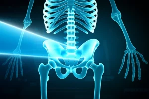 Immagine astratta ma fotorealistica che rappresenta la diagnosi avanzata: un fascio di luce blu brillante che illumina una struttura ossea stilizzata su uno sfondo scuro e tecnologico. Dettaglio elevato, illuminazione controllata, obiettivo macro 60mm.