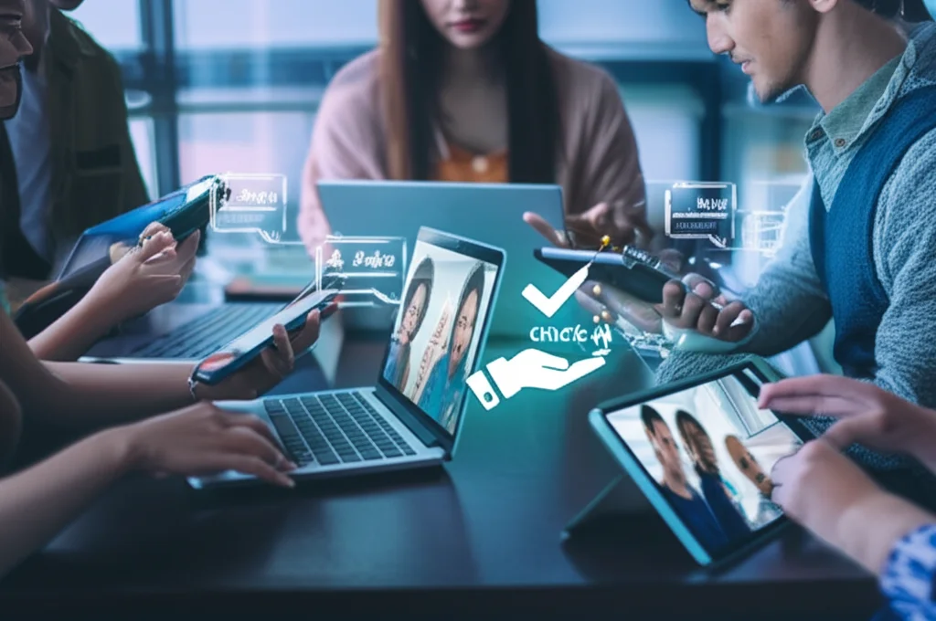 Immagine fotorealistica di un gruppo diversificato di studenti di interpretariato che interagiscono online tramite i loro dispositivi (laptop, tablet, smartphone) in un ambiente virtuale collaborativo. Simboli di 'check-in' o 'Daka' visibili su uno schermo. Obiettivo zoom 24-70mm, profondità di campo, atmosfera luminosa e moderna.