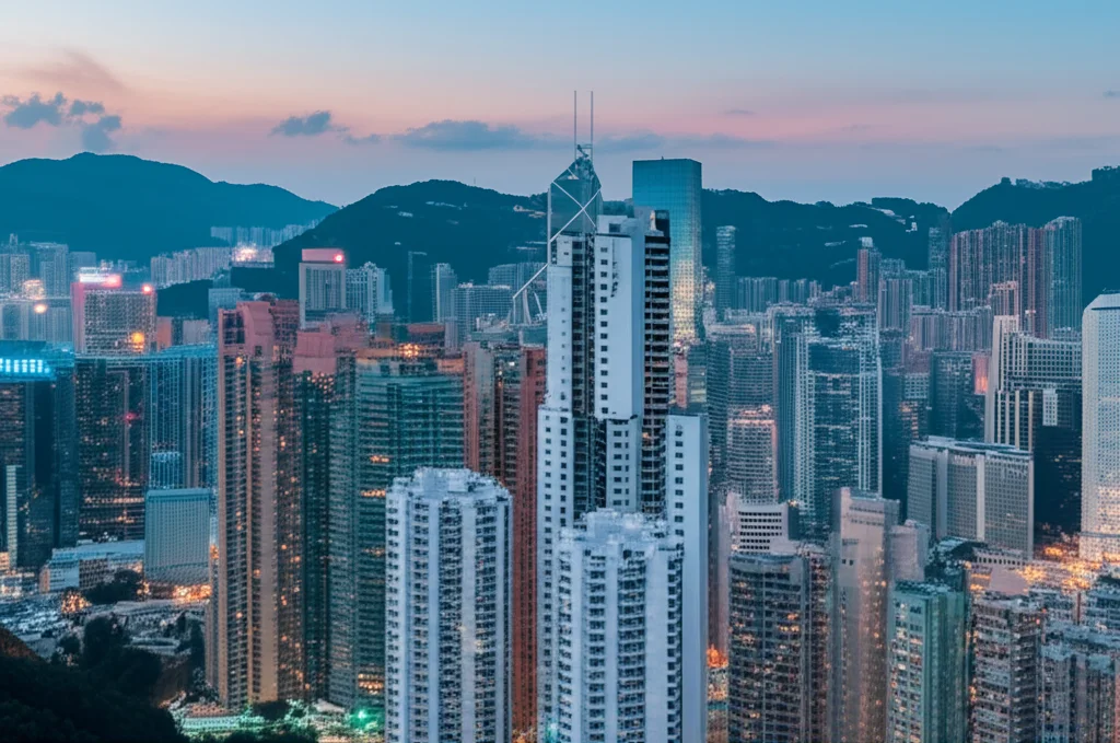Immagine fotorealistica di un iconico edificio industriale di Hong Kong, riqualificato e integrato nel moderno skyline della città. Obiettivo grandangolare 20mm, fotografia architettonica al tramonto con lunga esposizione per enfatizzare le luci della città e la maestosità della struttura, dettagli nitidi.