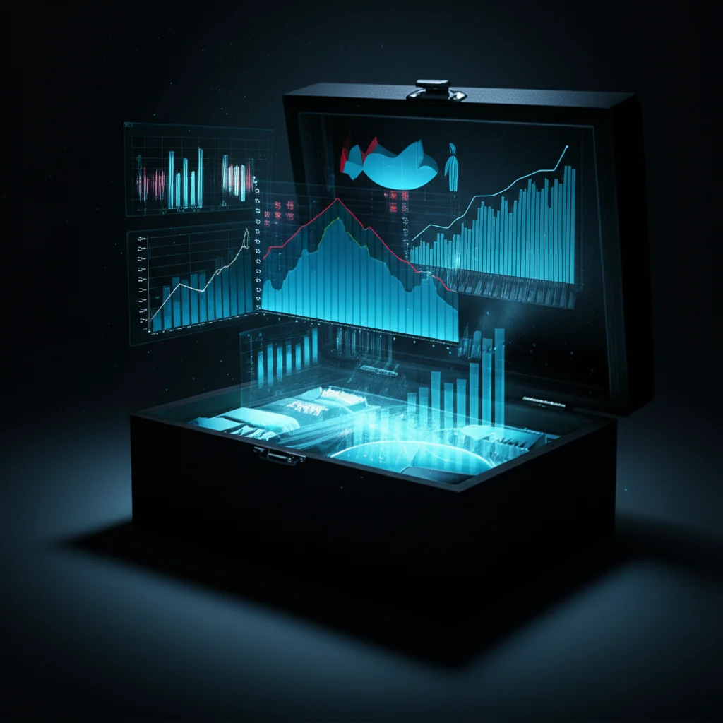 Immagine fotorealistica di una scatola nera semiaperta da cui fuoriescono grafici finanziari luminosi e dati digitali. Un fascio di luce illumina l'interno, rivelando ingranaggi complessi ma comprensibili. Obiettivo 35mm, stile film noir con contrasti forti, profondità di campo che sfoca lo sfondo.