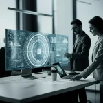 Un municipio moderno e luminoso, con un team di persone che collaborano attorno a un tavolo olografico che mostra dati e grafici relativi all'intelligenza artificiale. Obiettivo prime, 35mm, profondità di campo, tonalità duotone blu e argento per un look tecnologico ma umano.