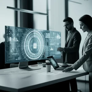 Un municipio moderno e luminoso, con un team di persone che collaborano attorno a un tavolo olografico che mostra dati e grafici relativi all'intelligenza artificiale. Obiettivo prime, 35mm, profondità di campo, tonalità duotone blu e argento per un look tecnologico ma umano.