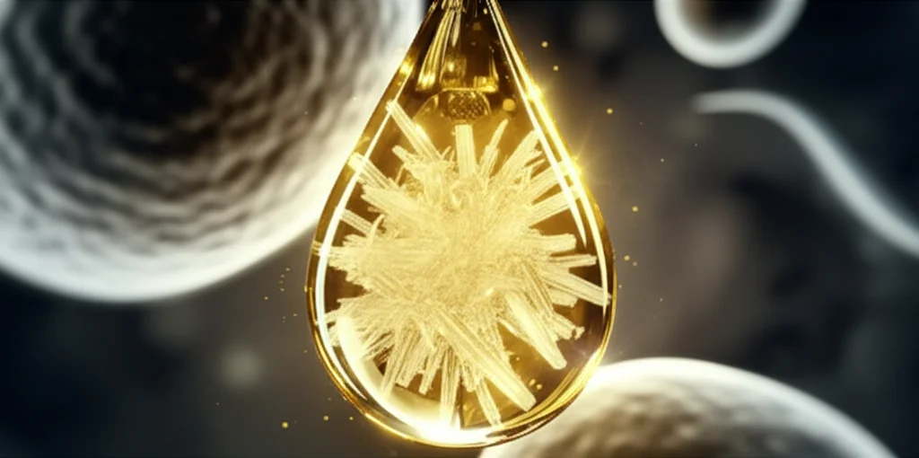 Un'immagine concettuale che mostra una goccia di urina dorata che si trasforma magicamente in cristalli bianchi di idrossiapatite, con sullo sfondo sagome stilizzate di cellule di lievito. Illuminazione drammatica, effetto 'wow'. Prime lens, 35mm, depth of field, duotone oro e bianco.