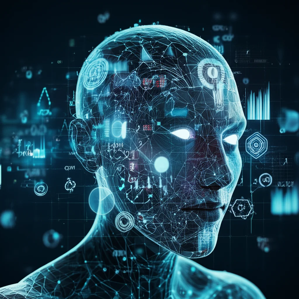 Un'immagine concettuale ultra-realistica di un'intelligenza artificiale che analizza strutture molecolari complesse tridimensionali, con grafici di dati e formule chimiche che fluttuano elegantemente intorno. Illuminazione da studio controllata e precisa, obiettivo prime da 35mm, profondità di campo per mettere a fuoco l'interfaccia AI e le molecole in primo piano, sfondo high-tech leggermente sfocato.