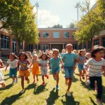 Un'immagine grandangolare di un cortile scolastico soleggiato durante la ricreazione, pieno di bambini di diverse etnie che giocano felicemente insieme in piccoli e grandi gruppi. Obiettivo grandangolare da 10-24mm, messa a fuoco nitida su tutta la scena, colori vivaci, per trasmettere un senso di comunità e inclusione. Movimento sfocato per i bambini che corrono, catturando l'energia del momento.