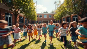 Un'immagine grandangolare di un cortile scolastico soleggiato durante la ricreazione, pieno di bambini di diverse etnie che giocano felicemente insieme in piccoli e grandi gruppi. Obiettivo grandangolare da 10-24mm, messa a fuoco nitida su tutta la scena, colori vivaci, per trasmettere un senso di comunità e inclusione. Movimento sfocato per i bambini che corrono, catturando l'energia del momento.