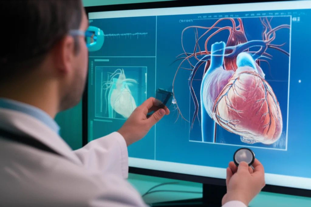 A cardiologist examining digital medical images of a heart and coronary arteries on a screen, 35mm portrait, depth of field, high detail.