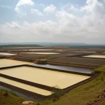 Angolo largo, 10-24 mm, paesaggio, una tentacolare struttura di dorsi di mulino di uranio a Jaduguda, in India, con stagni ingegnerizzati e terreno naturale circostante sotto un cielo parzialmente nuvoloso, trasmettendo la scala della gestione dei rifiuti e dell'interfaccia ambientale, forte attenzione.
