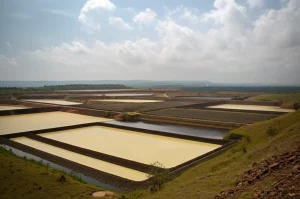 Angolo largo, 10-24 mm, paesaggio, una tentacolare struttura di dorsi di mulino di uranio a Jaduguda, in India, con stagni ingegnerizzati e terreno naturale circostante sotto un cielo parzialmente nuvoloso, trasmettendo la scala della gestione dei rifiuti e dell'interfaccia ambientale, forte attenzione.