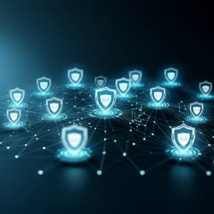 Fotografia astratta, obiettivo grandangolare 20mm, che visualizza una rete IoT sicura con nodi interconnessi protetti da scudi digitali luminosi blu, concetto di architettura Zero Trust applicata all'Internet of Things, focus nitido e illuminazione high-tech.