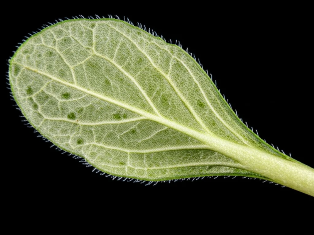 Fotografia macro di una foglia di Arabidopsis thaliana che mostra segni di stress da carenza di nutrienti (leggero ingiallimento o sfumature violacee). Obiettivo macro 90mm, alta definizione, illuminazione laterale controllata per enfatizzare la texture della foglia e i dettagli cellulari visibili.