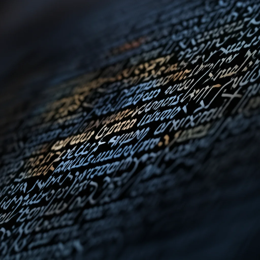 Illustrazione astratta che rappresenta l'intelligenza artificiale (reti neurali stilizzate e luminose) che analizza e confronta due blocchi di testo fluttuanti in scrittura urdu Nastaleeq, simboleggiando il processo di rilevamento di parafrasi. Macro lens, 100mm, high detail, precise focusing, sfondo scuro con elementi luminosi.